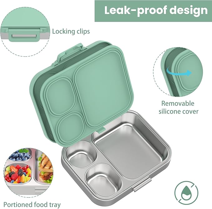 Pawtong Stainless Steel Bento Lunch Box for Kids | 3-Compartment Lunch Box Container Kids | 100% Leakproof, Eco-Friendly, Perfect Portion Control for Kids&Adult Healthy Meals (Green)