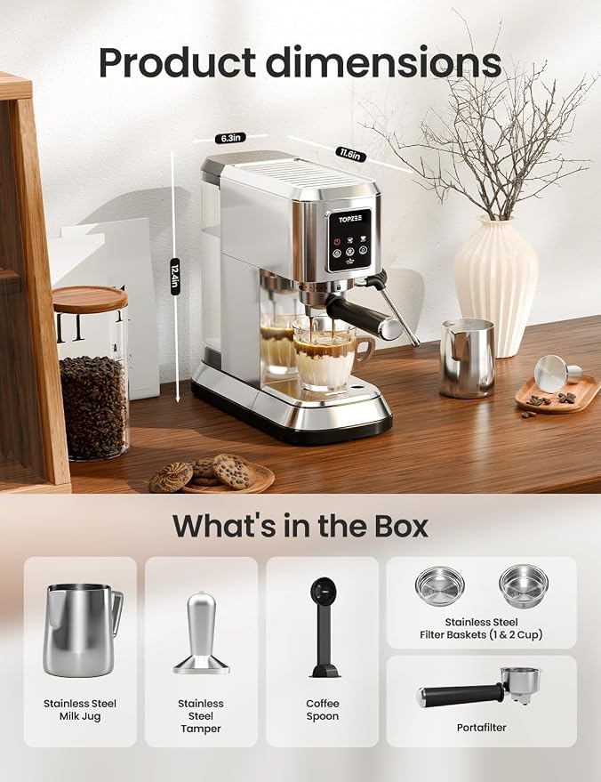 topzee Espresso Machine 20 Bar, Compact Coffee Maker with Milk Frother & Cold Brew Function, 52oz Removable Water Tank, Stainless Steel Cappuccino, Latte Maker, Silver