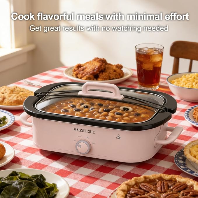 MAGNIFIQUE 4 Quart Slow Cooker with Ceramic Nonstick Baking Dish, Adjustable Temperature, Oven Safe for Lasagna & Roasts, Dishwasher Safe Stoneware & Tempered Glass Lid, Compact Crock Pot, Pink