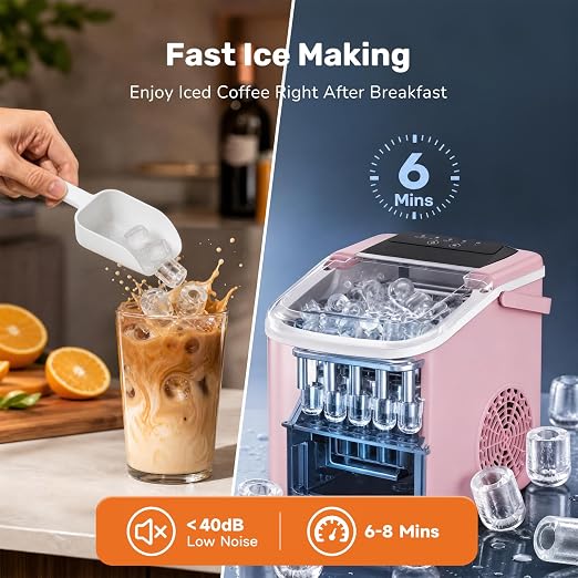 Sweetcrispy Countertop Ice Maker with Scoop, Basket and Handle, Portable Ice Machine 9 Cubes Ready in 6 Mins, 26.5lbs in 24Hrs, 2 Sizes for Home Kitchen Office Bar Party