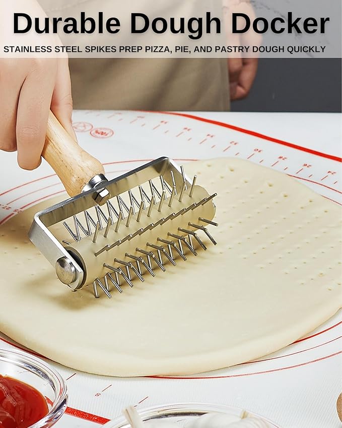 Pizza Dough Docker Roller with Stainless Steel Spikes, Pizza Wheel & Pie Server, Cleaning Brush and Canvas Bag – Perfect for Homemade Pizza, Pie & Pastry