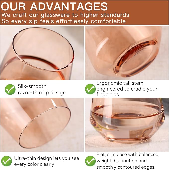 Stemless Wine Glasses Set 6【Hand Blown Colored Wine Glasses Stemless】 15oz Venus Colored Glassware for Wine or Soft Drinks,Unique Wine Gifts for Wedding,Anniversary