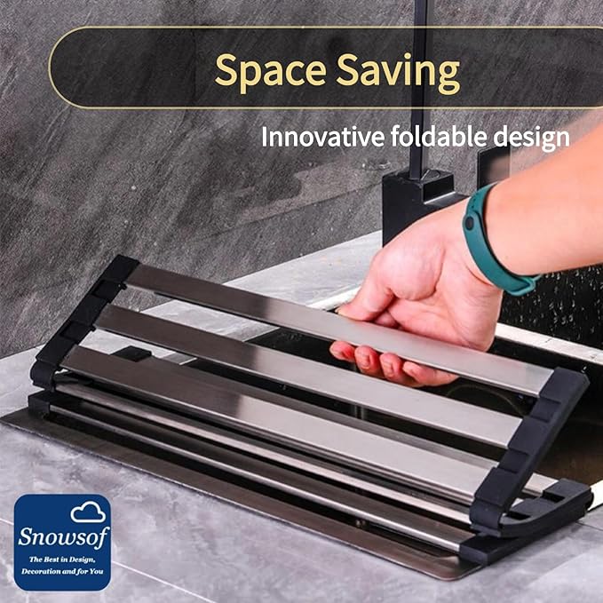 Wide Dish Drying Rack, Silicone Wrapped Over Sink, Multipurpose Foldable Sink Dish Drainer Mat, Stainless Steel, Anti-Slip & Anti-Rust Dish Rack for Kitchen (Dark Gray,14.9X13.4inch & 38X34cm)