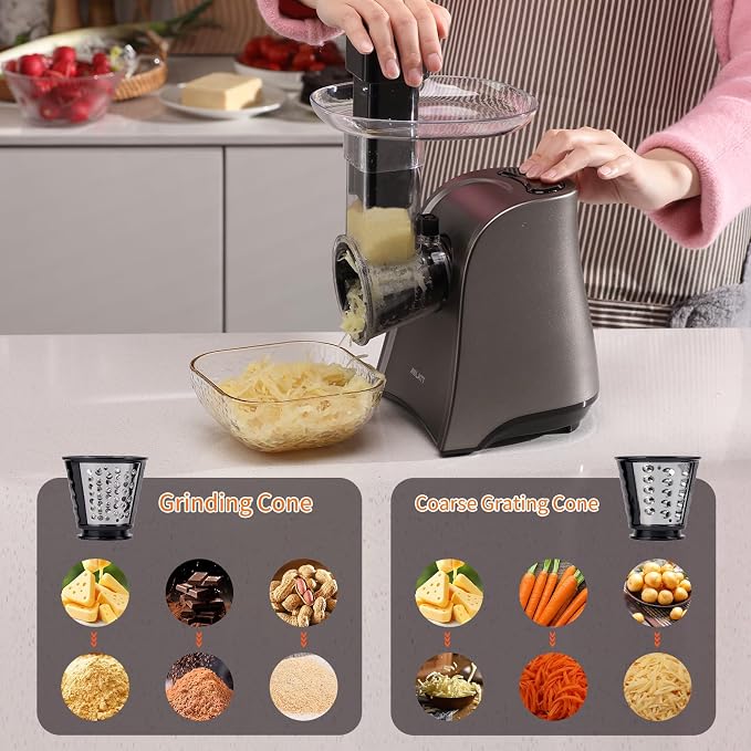 Electric Cheese Grater, One-Touch Control Grater Machine for Vegetables, Fruits, Potatoes, Salad Maker with 6 Free Attachments