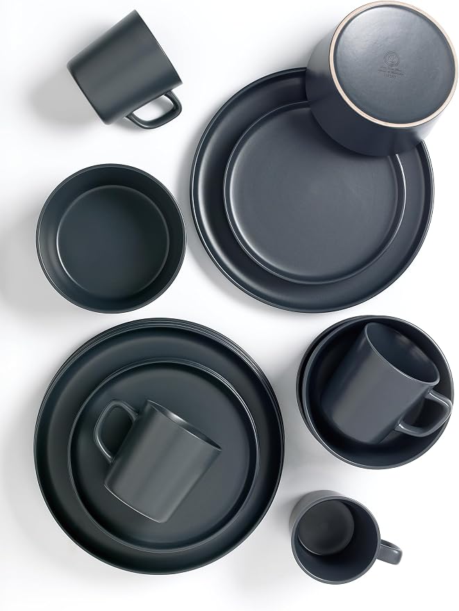 Lorren Home Trends Gray Stoneware Dinnerware Set, 16 Piece, Service for 4, Microwave and Dishwasher Safe