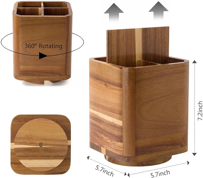 Wood Utensil Holder for Kitchen Counter, 360° Rotating Kitchen Utensil Holder, 7.2"x 6" Large Acacia Cooking Utensil Crock for Countertop (SQUARE)
