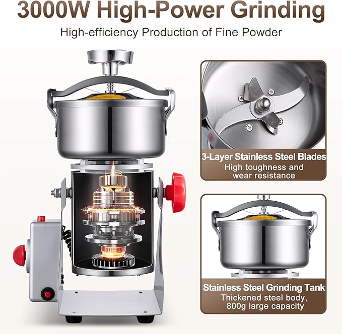 Grain Mill Grinder, 800g Electric Grain Mill for Flour, 3000W High-speed Wheat Grinder with Bottle-Cap Style Sealing Lid, 110V Commercial Powder Grinder for Dry Spice Bean Grains Coffee Pepper