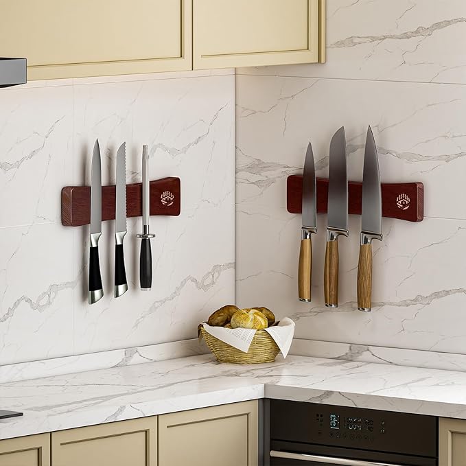 Magnetic Knife Holder for Wall 10 Inch, Premium Oak Wood Magnetic Knife Strip with N52 Super Strong Magnets, No Drilling Wooden Knife Rack Bar for Kitchen Knives & Tools-Renter Friendly