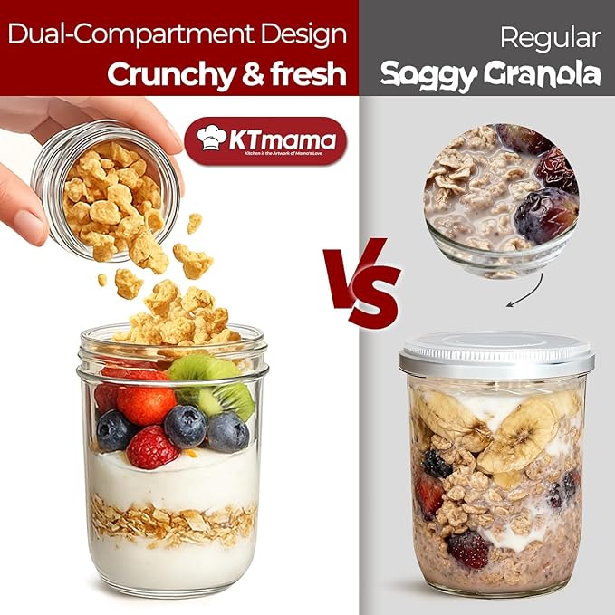 4 Pack Glass Yogurt Parfait Cups with Lids, 16+4oz Reusable Containers with Dry & Wet Separation, Leak-Proof for Overnight Oats, Meal Prep, Portable to Work & School, Easy Clean