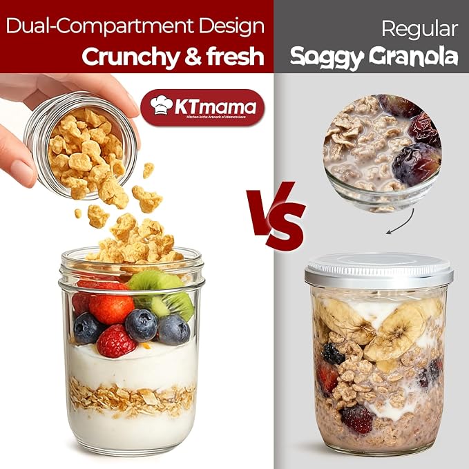 2 Pack Glass Yogurt Parfait Cups with Lids, 16+4oz Reusable Containers with Dry & Wet Separation, Leak-Proof for Overnight Oats, Meal Prep, Portable to Work & School, Easy Clean (Blue+Grey)