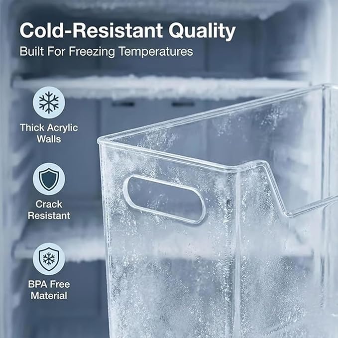 Crystal Clear Freezer Storage Bins, Stackable Fridge Organizer Bins with Handles, Clear Plastic Food Containers for Refrigerator and Pantry, Kitchen Organization for Meat & Veggies (Clear*8, Large)