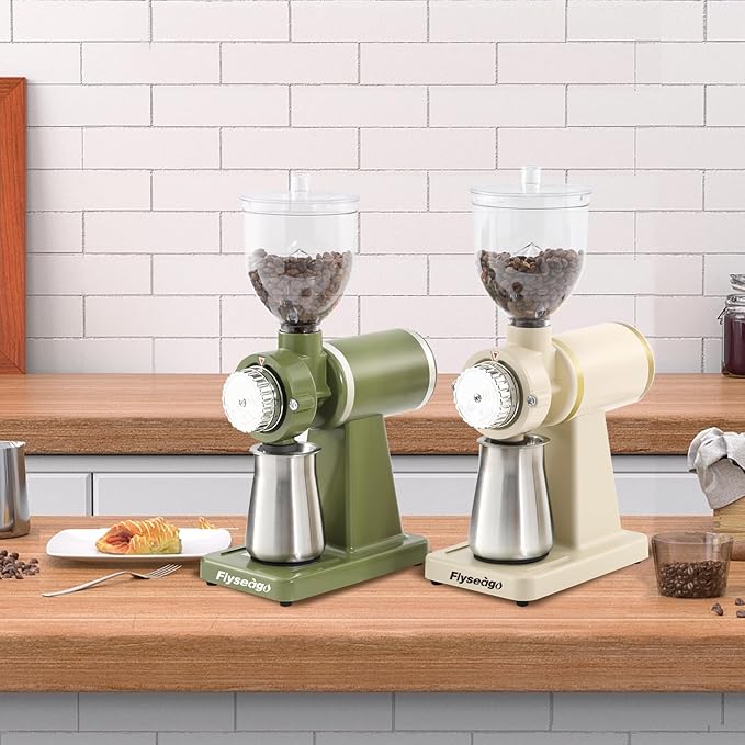 Electric Burr Coffee Grinders for Home Use, 8 Adjustable Settings Stainless Steel Flat Burr, Quiet Low Static Design for Espresso Pour Over French Press, Cream Style White
