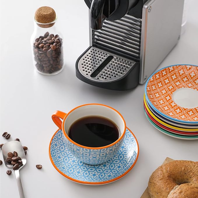 Selamica Ceramic 8 oz Cappuccino Cup Set with Saucers, Espresso Coffee Cups, Latte Macchiato for Party Cafe Home, Set of 6, Assorted Colors