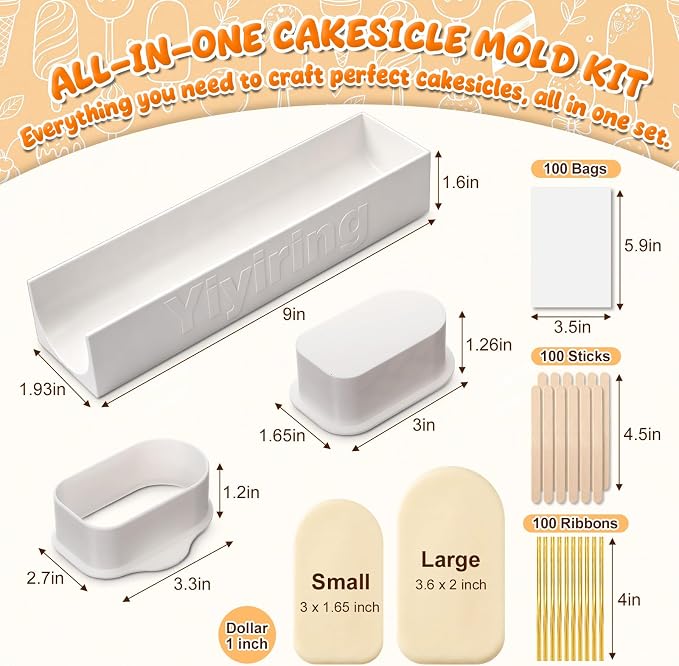 3in Cakesicle Cutter with 9in Tray, Cakesicle Mold Set with 100 Sticks, 100 Bags and 100 Ribbons, Baking Tools for Home Baking, Birthday Parties, Wedding Desserts(White,3in,Single Slot)