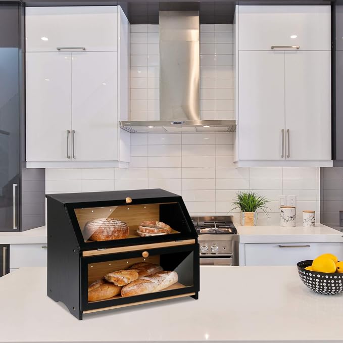 HOMEKOKO Double Layer Large Bread Box, Wooden Bread Storage Bin, Black | Large Capacity, For Kitchen Counter, See Through, Easy Assembly