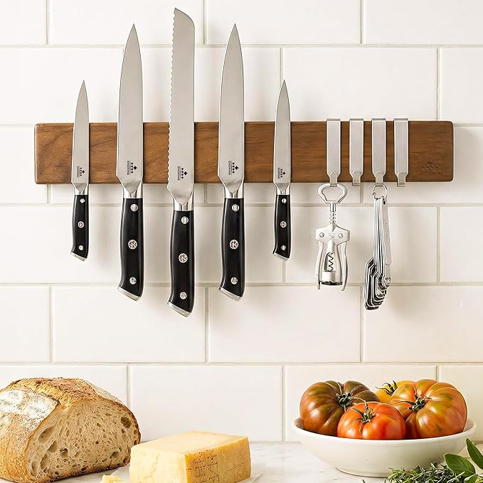 ENOKING 16 Inch Magnetic Knife Holder for Wall - Acacia Wood Knife Strip with Gold-Stamping Magnetic Gift Box - Powerful Knife Bar with 4 Hooks, No Drilling or Screw Mount