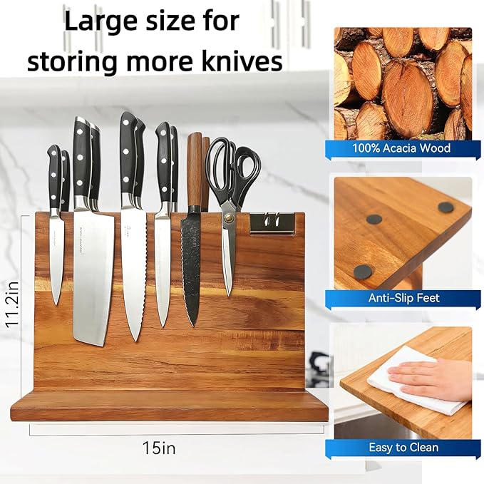 kitchen knife magnetic holder, Double Sided Universal magnetic knife block Rack for Kitchen Counter, Acacia Wood Magnetic Knife Storage Stand with Knife Sharpener,14.5 x 10.8Inches