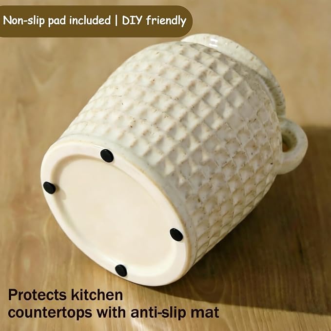 Rustic Kitchen Utensil Holder with Handle, 6.5" Ceramic Farmhouse Stable Utensil Crock for Countertop, Vintage Cooking Tool Organizer & Spatula Holder For Kitchen Decor (White)