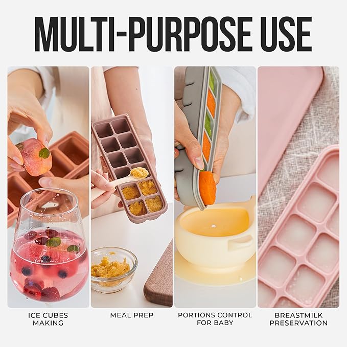 0.7 oz/12 Sections Silicone Ice Cube Freezer Tray with Lid, 100% Food-Grade Platinum Silicone,Leak Resistance & Dishwasher Safe for Baby Food Prep,Breast Milk,Purees - Korean Made, Beige