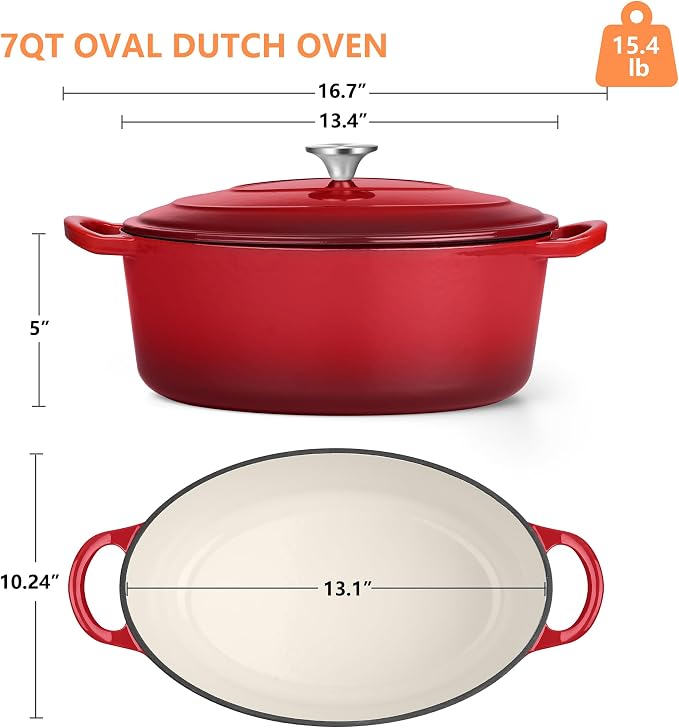TeamFar 7QT Oval Dutch Oven, Enameled Cast Iron Dutch Oven Pot with Lid, For Bread Baking/Stewing/Braising/Frying, Suitable for Various Stoves, Non-stick & Easy Clean, Red
