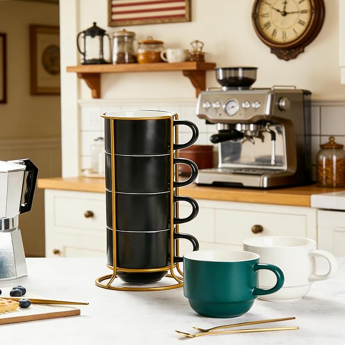 YHOSSEUN Porcelain Stackable Coffee Mugs Set With Rack, Espresso Cups with Stand Stir Spoons, 11 Oz Coffee Cups Demitasse Cup for Latte, Macchiato, Cafe Mocha Set of 4, Black