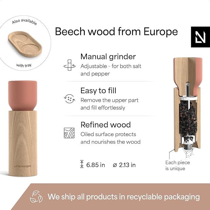 LARS NYSØM Wooden Salt and Pepper Grinder Set Manual - Salt and Pepper Mills with Adjustable Ceramic Grinder - Elegant Beechwood Pepper and Salt Mill Set for Dining Table (Brick Red)