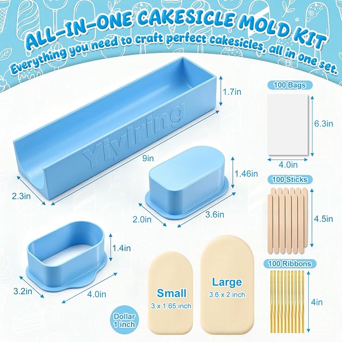 3in Cakesicle Cutter with 9in Tray, Cakesicle Mold Set with 100 Sticks, 100 Bags and 100 Ribbons, Baking Tools for Home Baking, Birthday Parties, Wedding Desserts(Blue,3.6in,Single Slot)