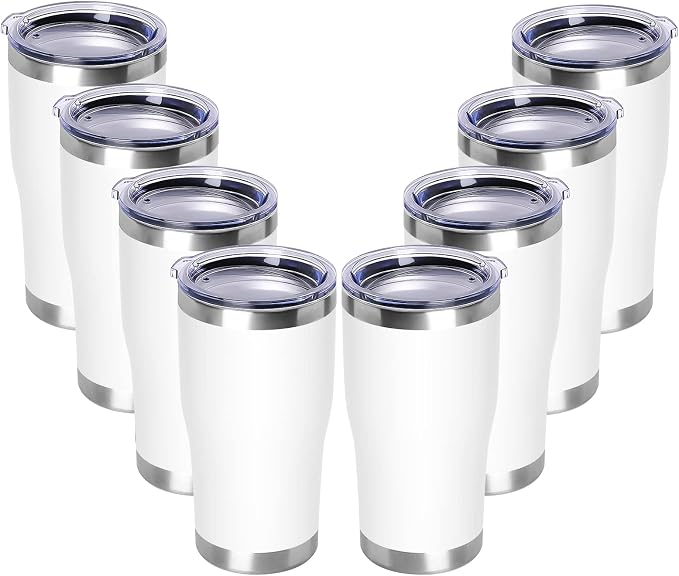 DOMICARE 20oz Tumbler with Lid Stainless Steel Tumblers Bulk, Double Wall Vacuum Insulated Coffee Travel Mug Powder Coated Tumbler, 8 Count (Pack of 1) White