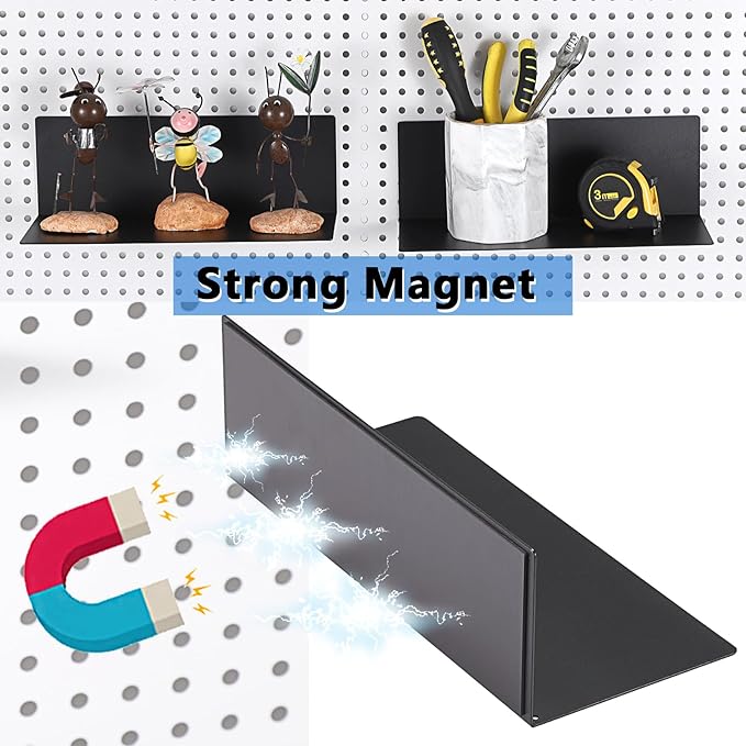 Kokone 6 Pack Magnetic Pegboard Shelves for Storing or Displaying, 10x4.3 Inch Flat Display Shelves for Pegboard, Wall Pegboard Shelves Accessories Steel Tray for Garage Workshop Craft Room Organizer