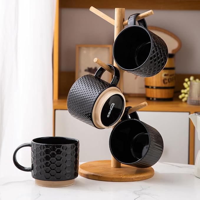 GBhome 15OZ Stackable Coffee Mugs, Ceramic Coffee Mugs with Texture Patterns for Man,Woman,Dad,Mom, Modern Coffee Cups Set of 4 for Latte/Cappuccino/Cocoa. Dishwasher&Microwave Safe，Black