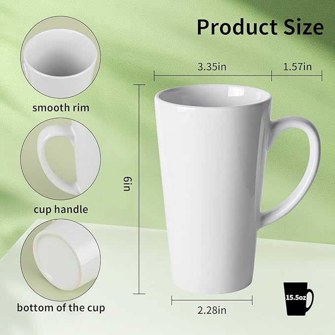 BYCNZB 16oz White Funnel Ceramic Tall Coffee Mugs for Coffee, Tea, Cocoa, Latte, Milk set of 4