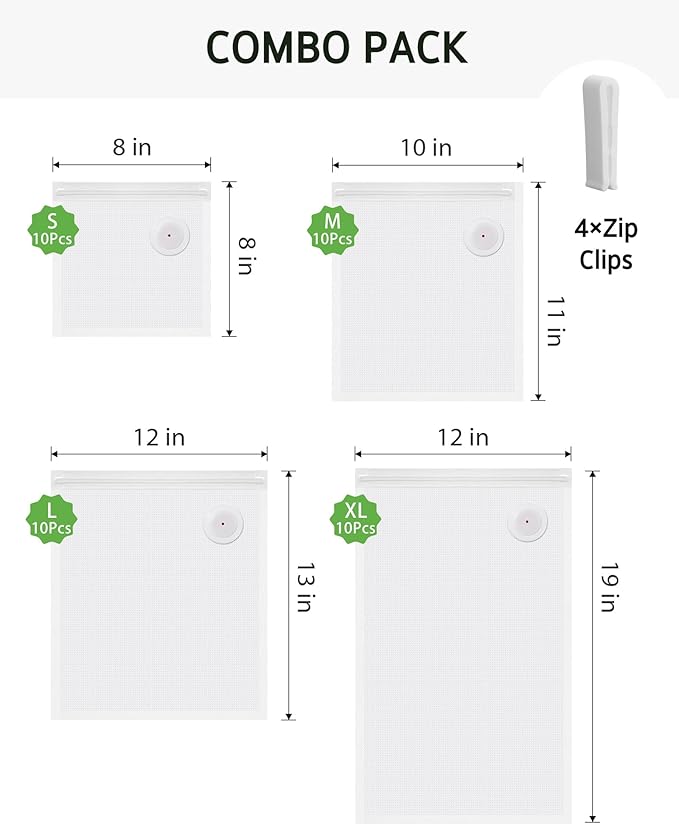 [2026 Upgraded] Syntus 40 Pcs Vacuum Sealer Bags for Food, Reusable BPA-Free Food Storage Bags for Sous Vide Microwave Heating, Air Valve Zipper Bags (10 Small+10 Medium+10 Large+10 Extra Large)