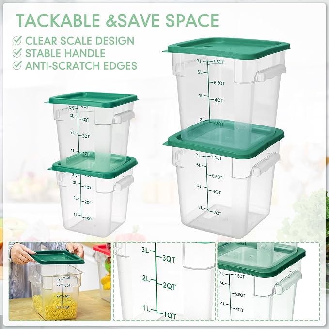 Lallisa 4 Pcs 8qt & 4qt Clear Food Storage Containers with Lids Handles and Scales, Stackable Plastic Square Food Storage Containers for Dough Proofing Baking Kitchen Restaurant(Green)