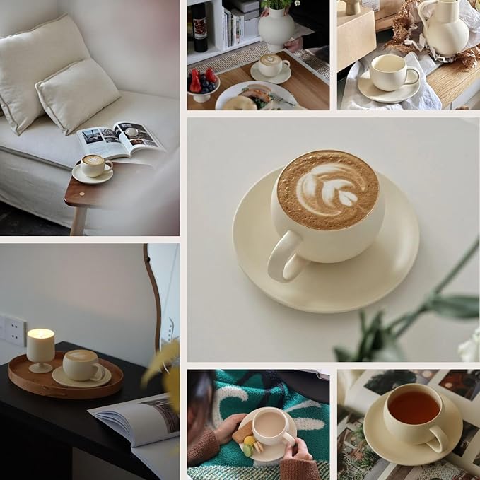 WENSHUO Egg Shaped Coffee Mug with Saucer, 8.5 oz Matte Crème Ceramic Cute Teacup, Modern Minimalist Cappuccino Latte Art Cup Set for Home Office Cafe