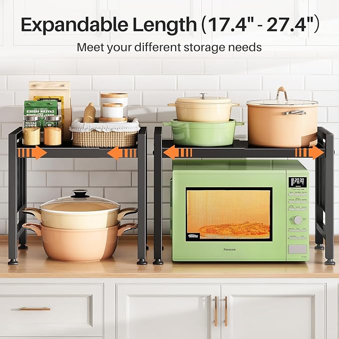 Expandable Microwave Stand Countertop, 2-Tier Adjustable Microwave Oven Rack with 8 Hooks & 2 Holders, Heavy Duty Carbon Steel Microwave Shelf for Kitchen Counter Organizer and Storage, Holds 120lbs