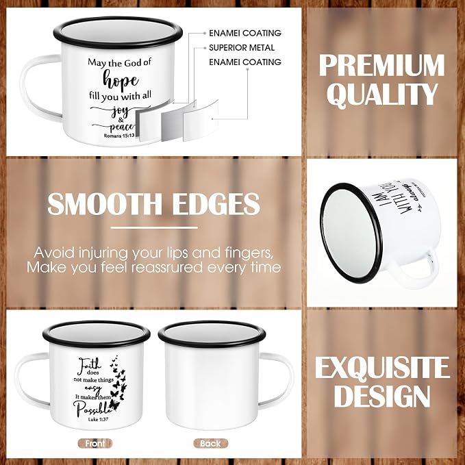 Mifoci Christian Enamel Mugs Gifts Inspirational Coffee Mugs with Handle Bible Verse Religious Camping Cups Church Party Favors for Church Clergy Pastor Men(White,12 Pcs)