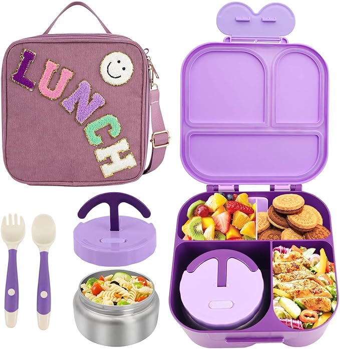 Lunch Box with Bento Box with 4 Compartment, with Leak Proof Thermo Food Jar, Preppy Corduroy Insulated Lunch Bag for Womens Girl Kids Teens School Travel Picnic (Purple)