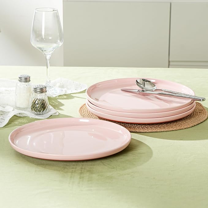 Ceramic Dinner Plates, 10.25 Inch, Set for 4, Elegant Pink | Flat Dish Design, Microwave & Dishwasher Safe, Perfect for Family and Entertaining, For Steak, Sandwiches, Pizza, Pasta