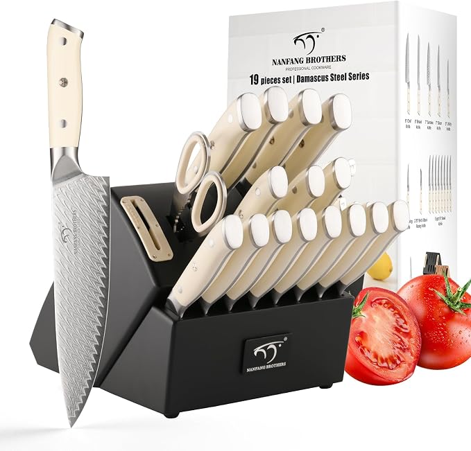 NANFANG BROTHERS Knife Sets Pieces for Kitchen with Block, Damascus Kitchen Knife Set with Block, ABS Ergonomic Handle for Chef Knife Set and Kitchen Shear(Black)