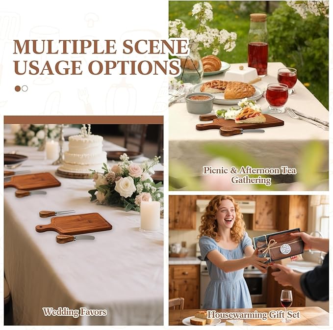 Ziliny 1 Set Bridal Baby Shower Cheese Prizes Wooden Square Board Gift Set Knives Forks Thank You Tags with Box for Guests for Valentines Bridal Baby Shower Housewarming (Carbonized Bamboo)