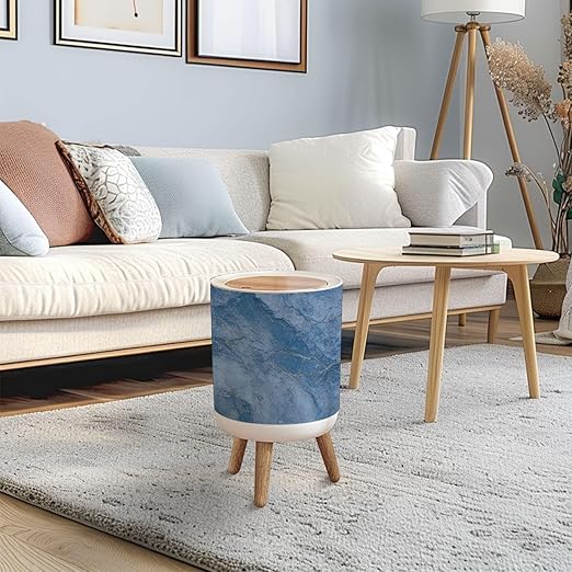 Trash Can with Lid Blue marble stone White veins Emperador Italian glossy granite marble Press Top Round Small Garbage Bin with Wooden Legs Waste Basket for Kitchen Bedroom Nursery 7L/1.8 Gallon