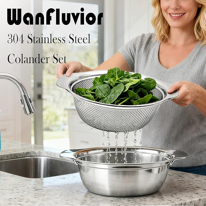 2 PCS Stainless Steel Colander, 3.5 QT 18/8 Stainless Steel Strainer, Colander for Kitchen Made of SUS304 Stainless Steel with Handle for Veggie Fruit Rice Pasta, Easy to Clean