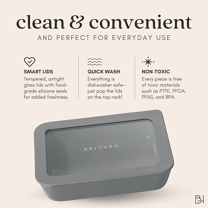 Ceramic Coated Glass Food Storage Container | No PTFE, PFOA, PFAS, and BPA | Reusable Non Toxic Meal Prep Container with Glass Lid | Easy To Store | 11 Cup Rectangle [Smoke]