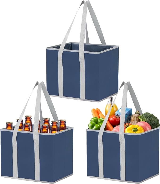 VENO 3 Pack Reusable Grocery Bags, Shopping Bags for groceries, Utility Tote with Handles and Hard Bottom, Foldable Shopping Cart Organizer, Heavy-Duty (Dark Blue, 6 Gallon-3 Pack)