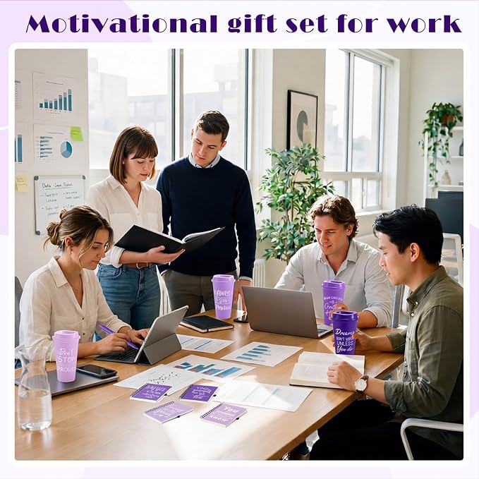 Skylety 12 Sets/48 Pcs Employee Appreciation Gifts 16oz Inspirational Plastic Cups Spiral Notebooks Ballpoint Pens Keychains Bulk Thank You Cup for Employee Coworker (Gradient Purple)