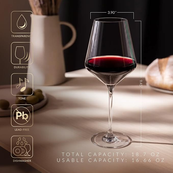 Krosno Classic Red Wine Glasses Set of 6 pieces, 16.6 oz, Avant-Garde Collection, Crystal Glass Thin Rim Long Stem Unique Elegant Premium, Dishwasher Safe, Made in Europe