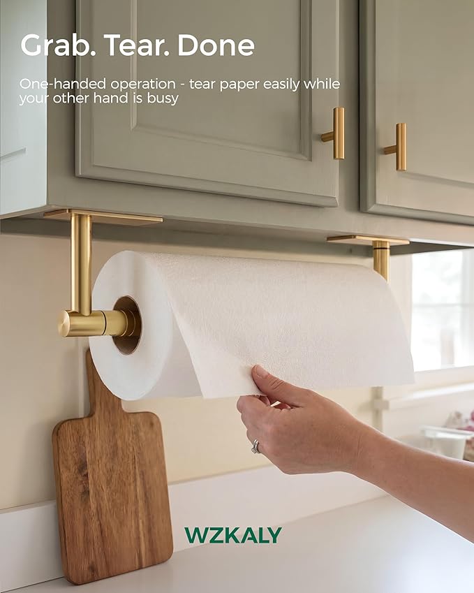 Gold Paper Towel Holder Under Cabinet, Self Adhesive or Wall Mount Hanging Paper Towel Holder with Damping Effect, Single Hand Operable, Stainless Steel for Kitchen Bathroom