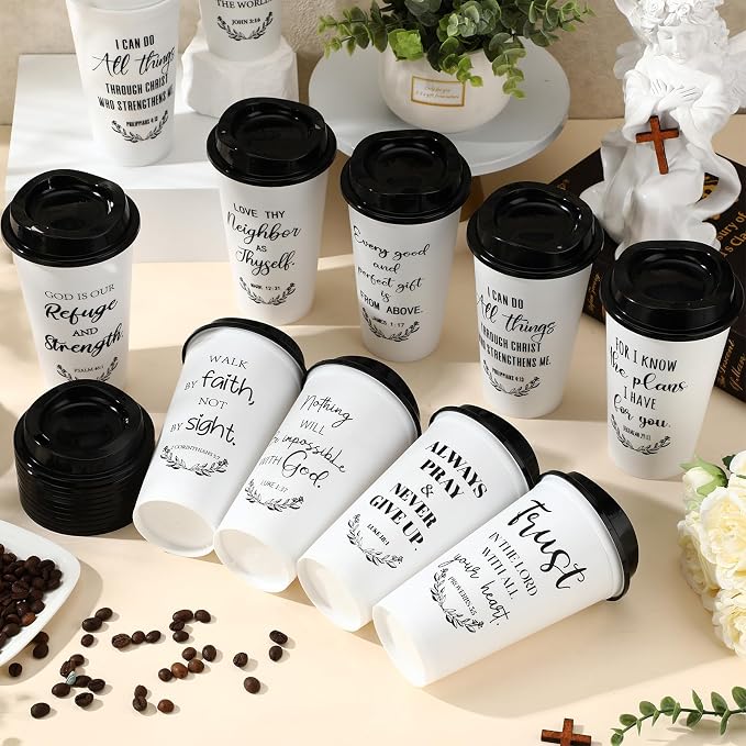 Skylety 60 Pack Bulk Christian Gifts for Men Women 16oz Reusable Bible Verse Tumbler Plastic Coffee Cup with Lid Inspirational Religious Church Gift for Teacher Graduation Party Favor (White)