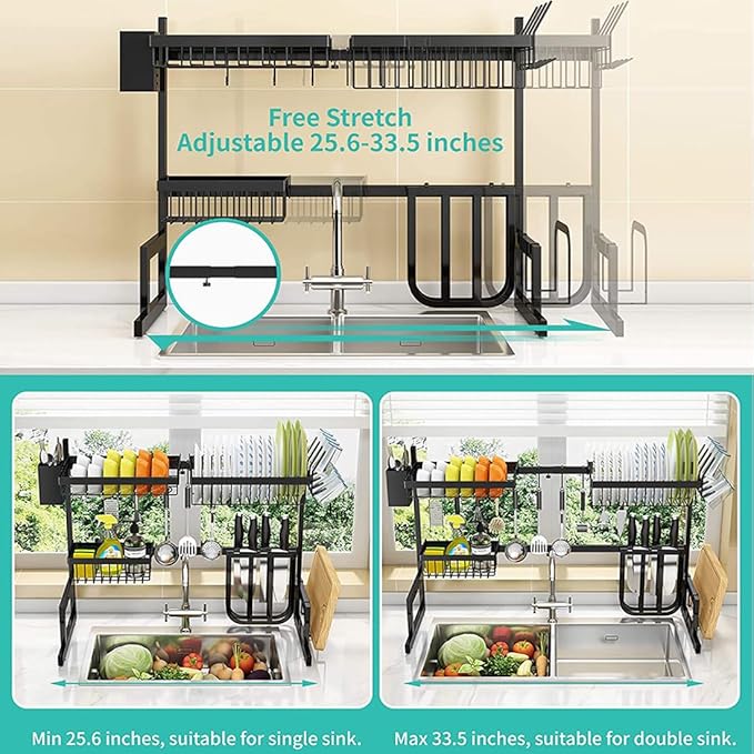 Eimolife Over Sink Dish Drying Rack, 2-Tier Adjustable, Stainless Steel Kitchen Counter Organizer with Hooks, Black