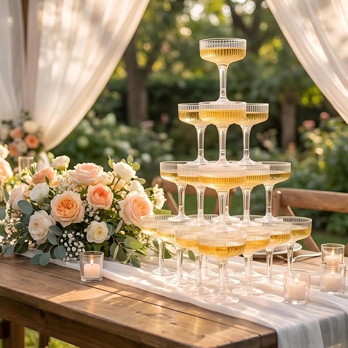 Goodluck 4-Tier Champagne Glasses - 20 PCS 7oz Clear Plastic Champagne Flutes, Plastic Coupe Glasses with Vertical Stripes for Weddings, Celebrations, Parties & Birthdays